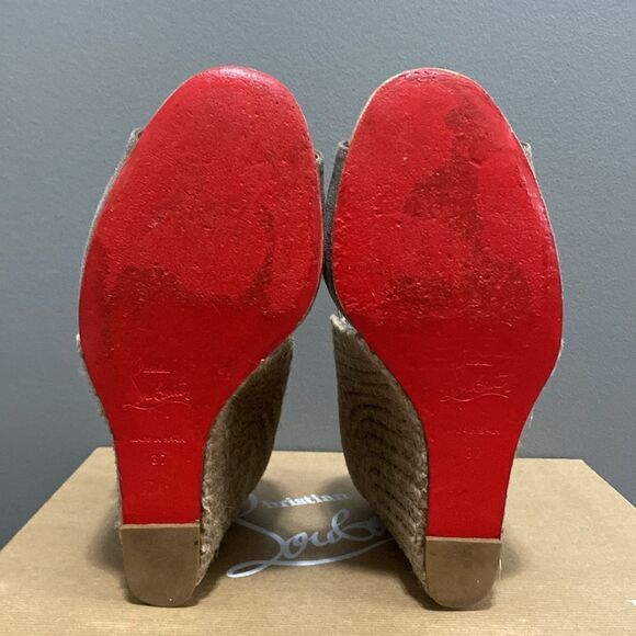 CHRISTIAN LOUBOUTIN Taupe Espadrille Wedges Size 37 US 6.5 Red Bottoms - Picture 12 of 16
